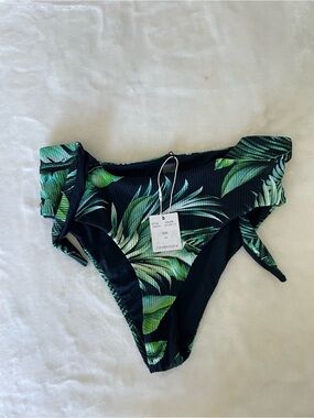 TiniBikini Black Bikini Bottom with Green Tropical Leaf Print